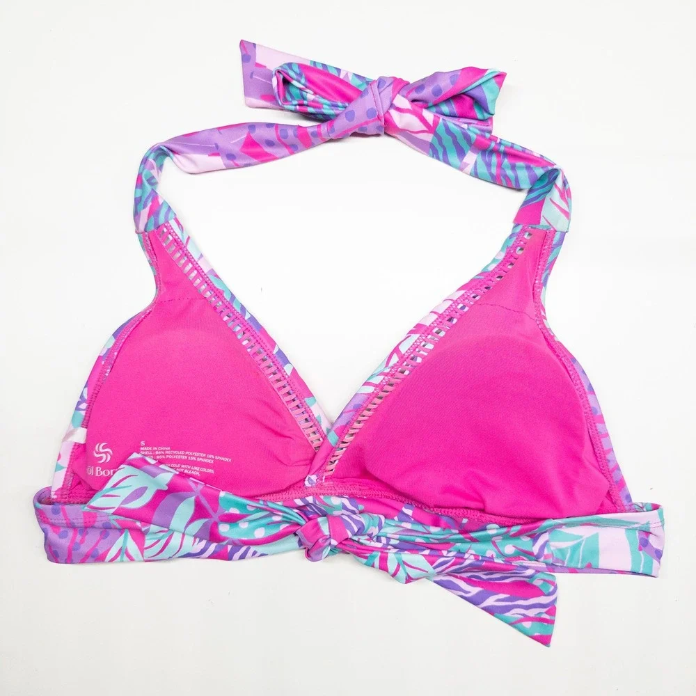 Sol Borne Womens Bikini Top Small Pink Tropical Leaf Zebra Print Halter Tie Back
